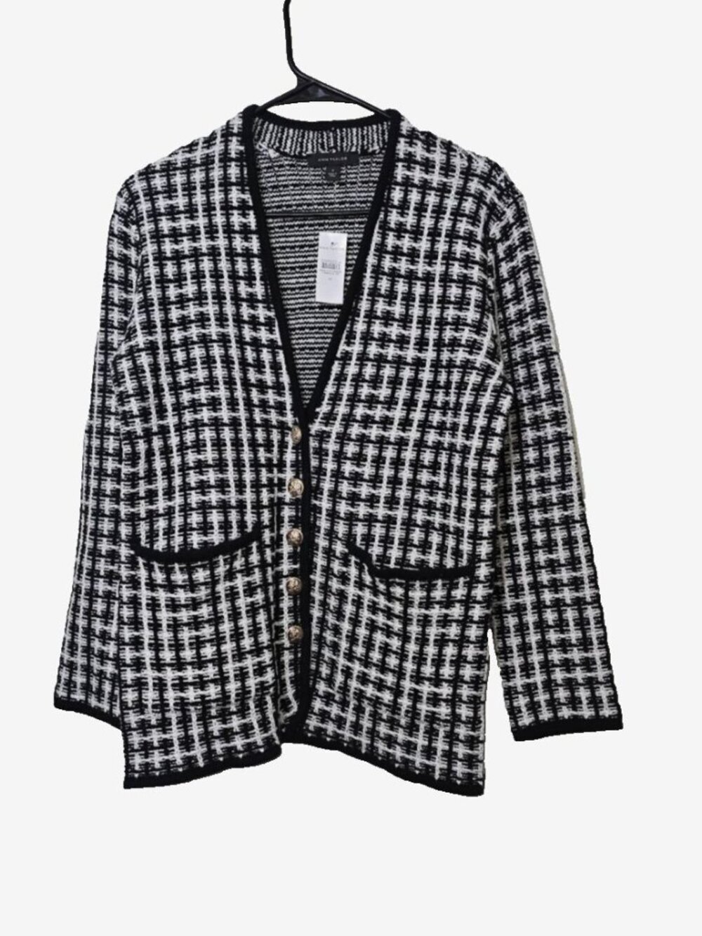 Anne Taylor Tweed Stitch V-Neck Sweater Blazer M Plaid Old Money Classic Black